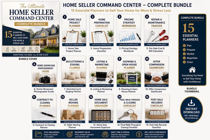 May include: A digital bundle titled Home Seller Command Center featuring 15 essential planners for selling a home. The image displays a cover page, a thumbnail summary, and 15 individual planner icons with descriptive text and imagery for each.