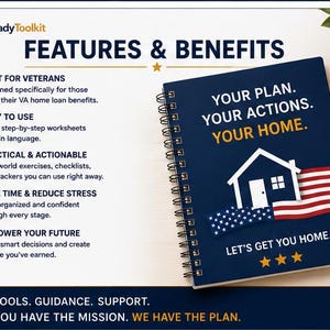 May include: A spiral-bound notebook with a dark blue cover featuring a white house icon, an American flag graphic, and the text: YOUR PLAN. YOUR ACTIONS. YOUR HOME. LET'S GET YOU HOME. The notebook is accompanied by a black pen and a list of features.