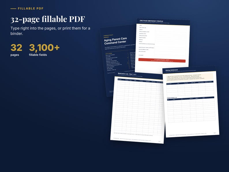 May include: A 32-page fillable PDF document set titled Aging Parent Care Command Center. The pages feature over 3,100 fillable fields, including an emergency profile, medication list, and billing settlement forms with white backgrounds and dark blue text.