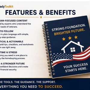 May include: A spiral-bound notebook with a dark blue cover featuring a white house icon, three gold stars, and an American flag graphic. Text reads: STRONG FOUNDATION. BRIGHTER FUTURE. YOUR SUCCESS STARTS HERE. Includes a black pen and a list of features.