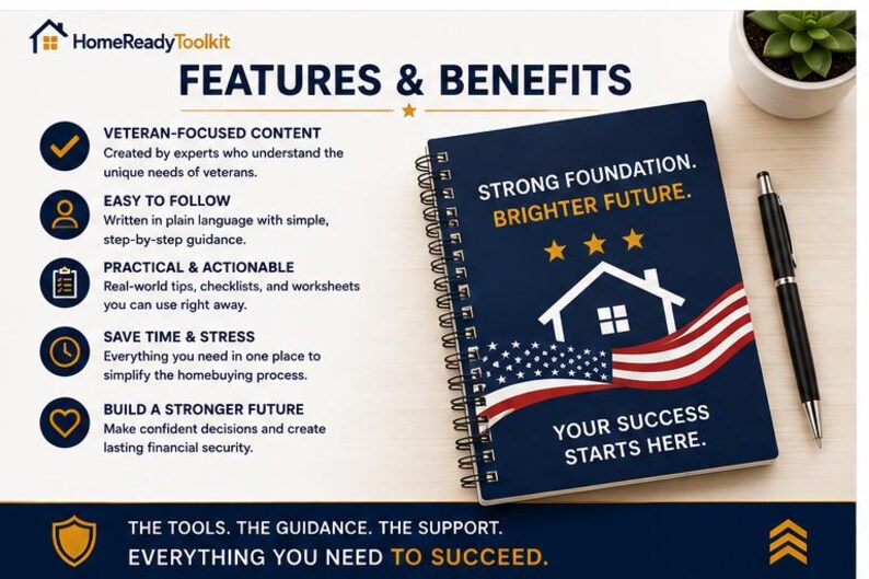 May include: A spiral-bound notebook with a dark blue cover featuring a white house icon, three gold stars, and an American flag graphic. Text reads: STRONG FOUNDATION. BRIGHTER FUTURE. YOUR SUCCESS STARTS HERE. Includes a black pen and a list of features.