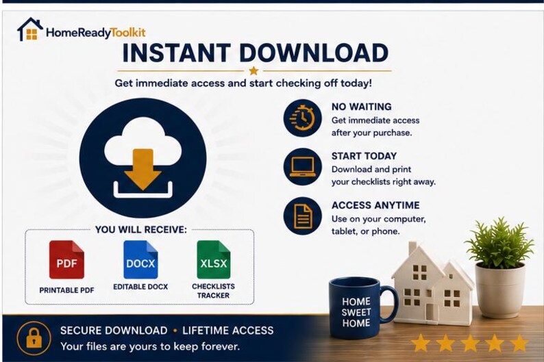 May include: A digital product advertisement for HomeReadyToolkit featuring an instant download icon, file format icons for PDF, DOCX, and XLSX, and text detailing immediate access, printing, and device compatibility, alongside a mug and house model.