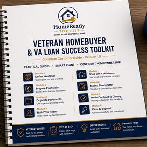Peut inclure: Un guide &agrave; spirales Veteran Homebuyer & VA Loan Success Toolkit avec une couverture blanche, du texte bleu et dor&eacute;, un logo maison et cl&eacute;, et huit modules d&eacute;taillant les &eacute;tapes de la d&eacute;finition des objectifs &agrave; la cl&ocirc;ture, avec mug et stylo.