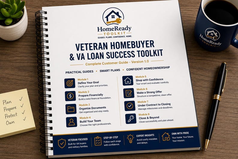 Peut inclure: Un guide &agrave; spirales Veteran Homebuyer & VA Loan Success Toolkit avec une couverture blanche, du texte bleu et dor&eacute;, un logo maison et cl&eacute;, et huit modules d&eacute;taillant les &eacute;tapes de la d&eacute;finition des objectifs &agrave; la cl&ocirc;ture, avec mug et stylo.