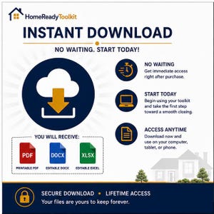 Puede incluir: Un gr&aacute;fico digital HomeReadyToolkit con el texto INSTANT DOWNLOAD, NO WAITING. START TODAY! Muestra iconos de descarga en la nube, un cron&oacute;metro, un port&aacute;til y un documento. Incluye iconos de formatos de archivo PDF, DOCX y XLSX.