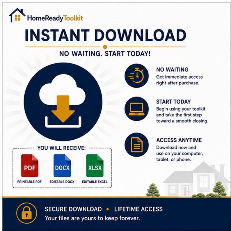 Puede incluir: Un gr&aacute;fico digital HomeReadyToolkit con el texto INSTANT DOWNLOAD, NO WAITING. START TODAY! Muestra iconos de descarga en la nube, un cron&oacute;metro, un port&aacute;til y un documento. Incluye iconos de formatos de archivo PDF, DOCX y XLSX.