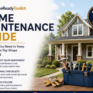 Puede incluir: Un folleto de HomeReadyToolkit Home Maintenance Guide con texto sobre el cuidado del hogar, una caja de herramientas de pl&aacute;stico azul con herramientas manuales, guantes de trabajo color canela y una planta verde, frente a una casa.