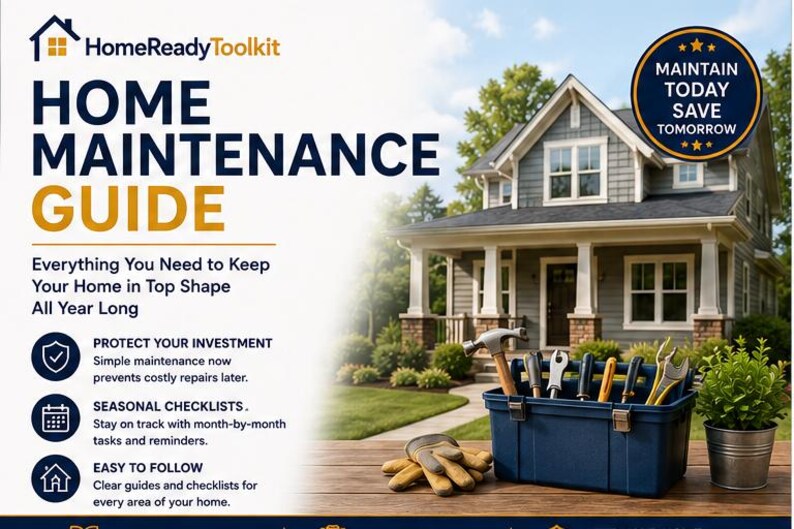 Puede incluir: Un folleto de HomeReadyToolkit Home Maintenance Guide con texto sobre el cuidado del hogar, una caja de herramientas de pl&aacute;stico azul con herramientas manuales, guantes de trabajo color canela y una planta verde, frente a una casa.