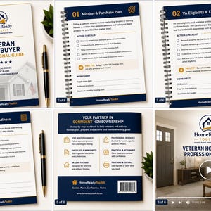K&ouml;nnte beinhalten: Ein spiralgebundenes Veteran Homebuyer Professional Guide Arbeitsbuch mit einem marineblau-wei&szlig;en Einband und Hausgrafik, gefolgt von Innenseiten mit Checklisten, Arbeitsbl&auml;ttern und Abschnitten zu Mission, VA-Berechtigung und finanzieller Bereitschaft.