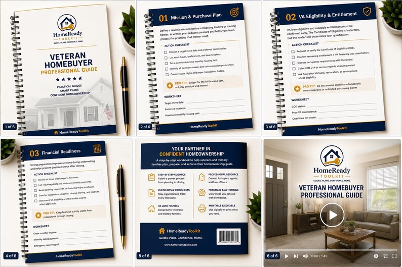 K&ouml;nnte beinhalten: Ein spiralgebundenes Veteran Homebuyer Professional Guide Arbeitsbuch mit einem marineblau-wei&szlig;en Einband und Hausgrafik, gefolgt von Innenseiten mit Checklisten, Arbeitsbl&auml;ttern und Abschnitten zu Mission, VA-Berechtigung und finanzieller Bereitschaft.
