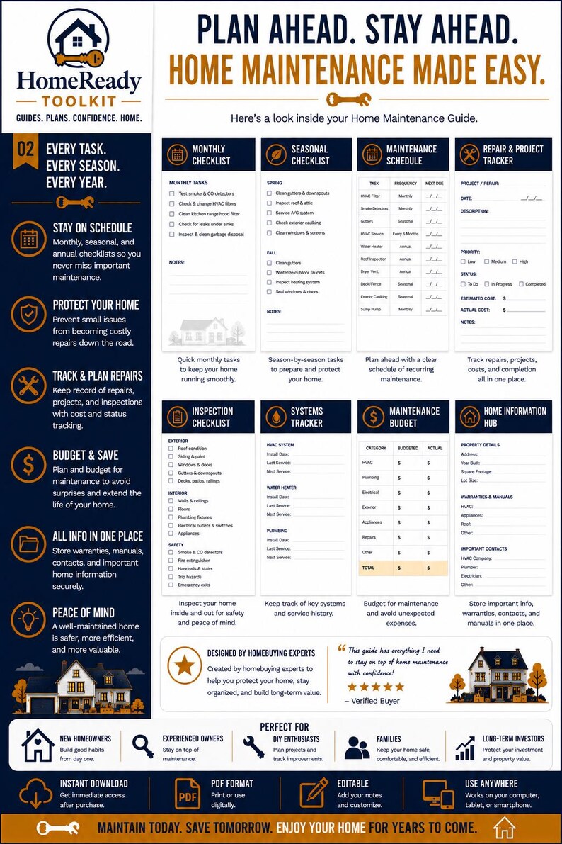 Puede incluir: Un folleto informativo de HomeReady Toolkit que presenta una gu&iacute;a completa de mantenimiento del hogar. El documento incluye secciones para listas de verificaci&oacute;n mensuales y estacionales, un calendario de mantenimiento, seguimiento de reparaciones y presupuesto.
