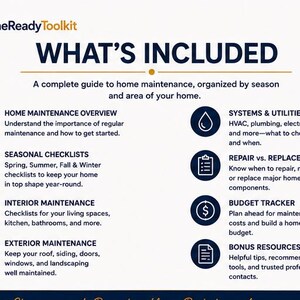 Puede incluir: Un gr&aacute;fico informativo blanco titulado HomeReadyToolkit WHAT'S INCLUDED. Enumera ocho categor&iacute;as de mantenimiento del hogar con iconos: Home Maintenance Overview, Seasonal Checklists, Interior Maintenance, Exterior Maintenance, Systems & Utilities, Repair vs. Replace Guide, Budget Tracker y Bonus Resources.