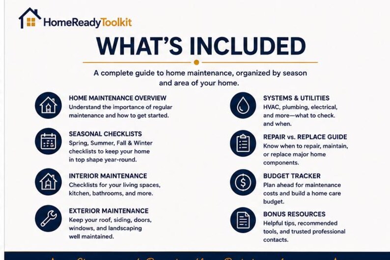 Puede incluir: Un gr&aacute;fico informativo blanco titulado HomeReadyToolkit WHAT'S INCLUDED. Enumera ocho categor&iacute;as de mantenimiento del hogar con iconos: Home Maintenance Overview, Seasonal Checklists, Interior Maintenance, Exterior Maintenance, Systems & Utilities, Repair vs. Replace Guide, Budget Tracker y Bonus Resources.