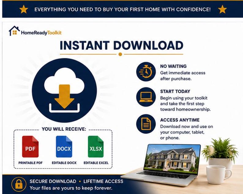 May include: A digital HomeReadyToolkit infographic featuring an instant download icon, a list of file formats including PDF, DOCX, and XLSX, and text detailing immediate access, lifetime usage, and compatibility with computers, tablets, and phones.