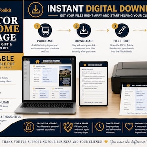 May include: A digital estate agent welcome package kit featuring a laptop, tablet, and printer displaying fillable PDF documents. The graphic includes text instructions for purchase, download, and printing, with icons for a shopping cart, arrow, pencil, and printer.