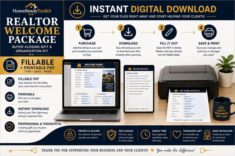 May include: A digital estate agent welcome package kit featuring a laptop, tablet, and printer displaying fillable PDF documents. The graphic includes text instructions for purchase, download, and printing, with icons for a shopping cart, arrow, pencil, and printer.