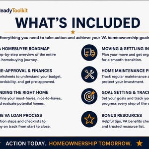 May include: A white informational graphic titled HomeReadyToolkit WHAT'S INCLUDED. It lists eight VA homeownership resources: VA Homebuyer Roadmap, Moving & Settling In, Pre-Approval & Finances, Home Maintenance Plan, Finding the Right Home, Goal Setting & Trackers, The VA Loan Process, and Bonus Resources, with the footer text ACTION TODAY. HOMEOWNERSHIP TOMORROW.