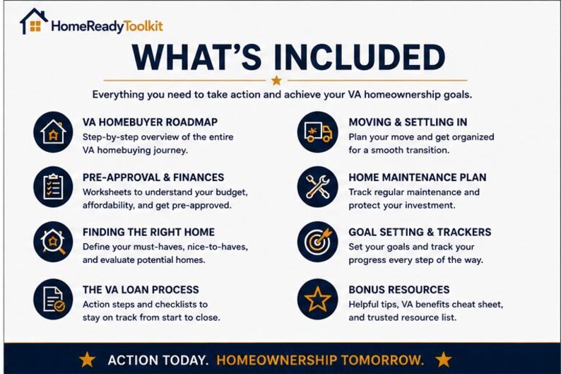 May include: A white informational graphic titled HomeReadyToolkit WHAT'S INCLUDED. It lists eight VA homeownership resources: VA Homebuyer Roadmap, Moving & Settling In, Pre-Approval & Finances, Home Maintenance Plan, Finding the Right Home, Goal Setting & Trackers, The VA Loan Process, and Bonus Resources, with the footer text ACTION TODAY. HOMEOWNERSHIP TOMORROW.