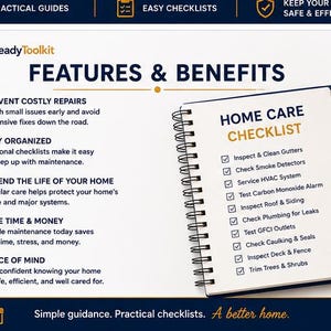 Puede incluir: Un gr&aacute;fico informativo de HomeReadyToolkit que presenta un cuaderno de Home Care Checklist con espiral y un bol&iacute;grafo negro. El texto incluye caracter&iacute;sticas y beneficios para el mantenimiento del hogar, como evitar reparaciones y organizarse.