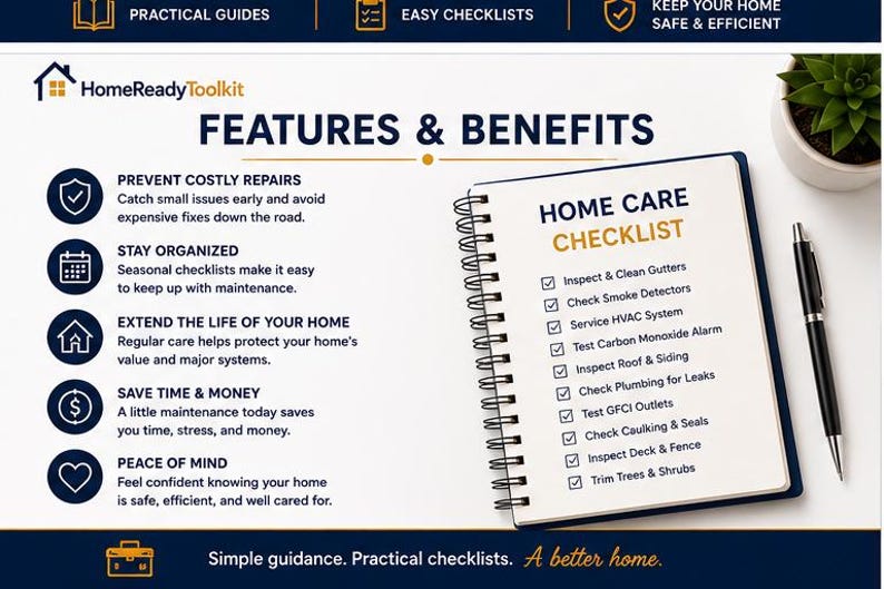 Puede incluir: Un gr&aacute;fico informativo de HomeReadyToolkit que presenta un cuaderno de Home Care Checklist con espiral y un bol&iacute;grafo negro. El texto incluye caracter&iacute;sticas y beneficios para el mantenimiento del hogar, como evitar reparaciones y organizarse.