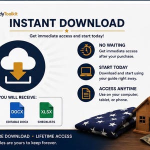 Peut inclure: Une publicit&eacute; pour le produit num&eacute;rique HomeReadyToolkit avec le texte INSTANT DOWNLOAD, NO WAITING, START TODAY et ACCESS ANYTIME. Elle affiche des ic&ocirc;nes pour les fichiers PDF, DOCX et XLSX, un symbole de t&eacute;l&eacute;chargement et un cadenas.