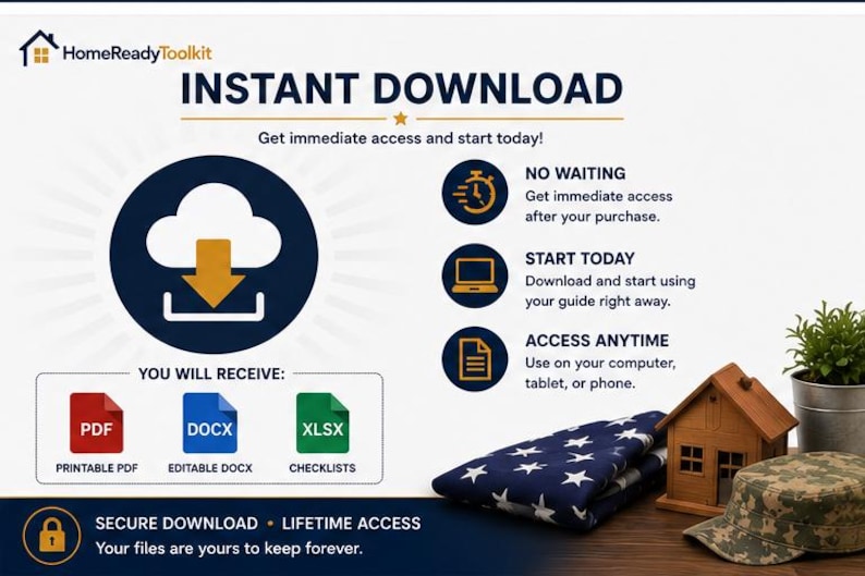 Peut inclure: Une publicit&eacute; pour le produit num&eacute;rique HomeReadyToolkit avec le texte INSTANT DOWNLOAD, NO WAITING, START TODAY et ACCESS ANYTIME. Elle affiche des ic&ocirc;nes pour les fichiers PDF, DOCX et XLSX, un symbole de t&eacute;l&eacute;chargement et un cadenas.