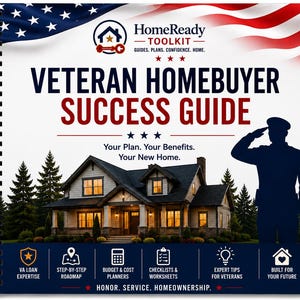 May include: A spiral-bound Veteran Homebuyer Success Guide featuring a US flag graphic, a silhouette of a saluting service member, and a house illustration. Text includes HomeReady Toolkit, Your Plan. Your Benefits. Your New Home, and Honor. Service. Homeownership.
