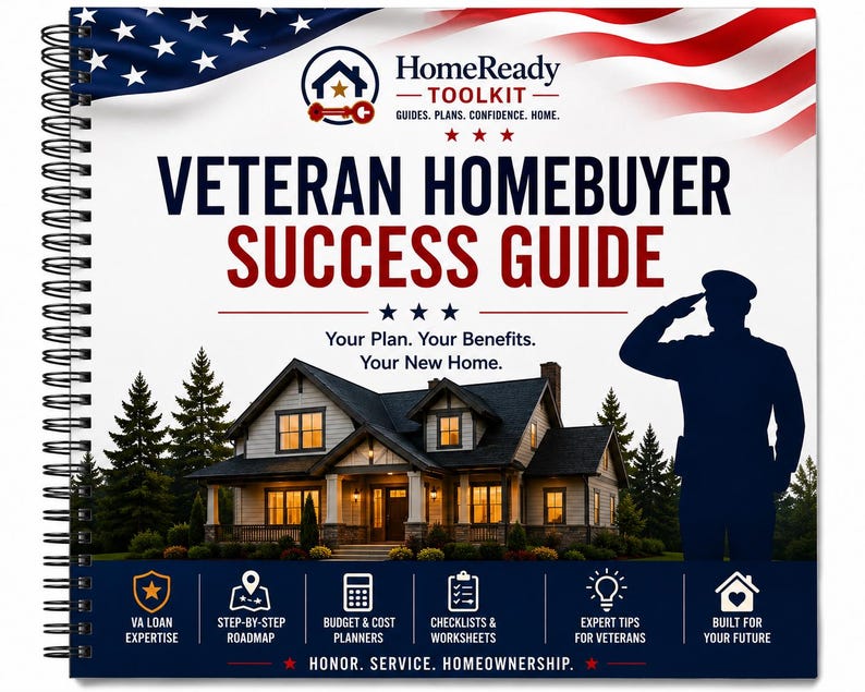 May include: A spiral-bound Veteran Homebuyer Success Guide featuring a US flag graphic, a silhouette of a saluting service member, and a house illustration. Text includes HomeReady Toolkit, Your Plan. Your Benefits. Your New Home, and Honor. Service. Homeownership.