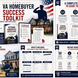 May include: The VA Homebuyer Success Toolkit is a digital resource featuring a success guide, action workbook, and quick checklists. It includes PDF files for planning, budgeting, and tracking the home buying process, with icons and text detailing steps.