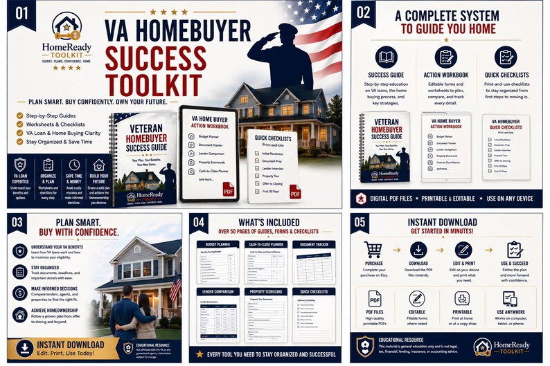 May include: The VA Homebuyer Success Toolkit is a digital resource featuring a success guide, action workbook, and quick checklists. It includes PDF files for planning, budgeting, and tracking the home buying process, with icons and text detailing steps.