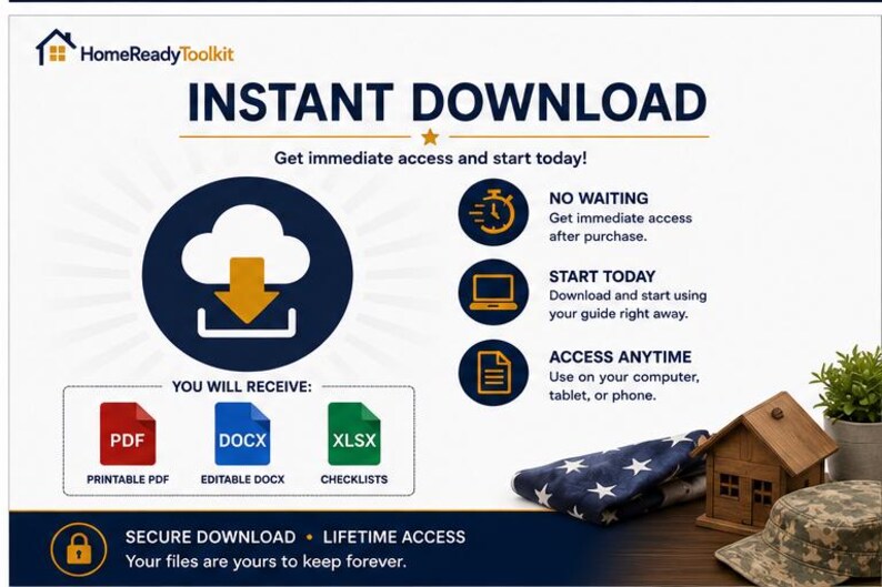 K&ouml;nnte beinhalten: Eine digitale Produktgrafik f&uuml;r HomeReadyToolkit mit dem Text INSTANT DOWNLOAD, Get immediate access and start today und YOU WILL RECEIVE mit Symbolen f&uuml;r PDF-, DOCX- und XLSX-Dateien. Enth&auml;lt den Text secure download und lifetime access.