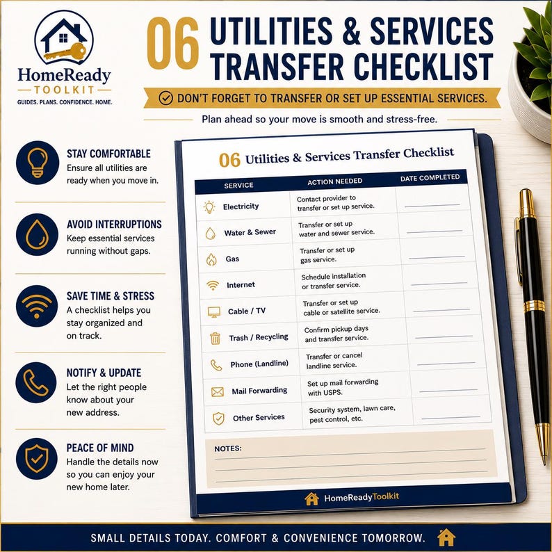Puede incluir: Un documento de lista de verificaci&oacute;n de transferencia de servicios p&uacute;blicos HomeReady Toolkit con una tabla que incluye columnas para servicio, acci&oacute;n necesaria y fecha de finalizaci&oacute;n. La lista incluye electricidad, agua, gas, internet, cable, basura, tel&eacute;fono y correo.