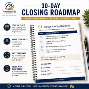 Puede incluir: Un planificador de espiral 30-Day Closing Roadmap con una lista de verificaci&oacute;n para hitos inmobiliarios. La p&aacute;gina incluye secciones para tareas, un consejo profesional y una hoja de trabajo para fechas de contrato y cierre.