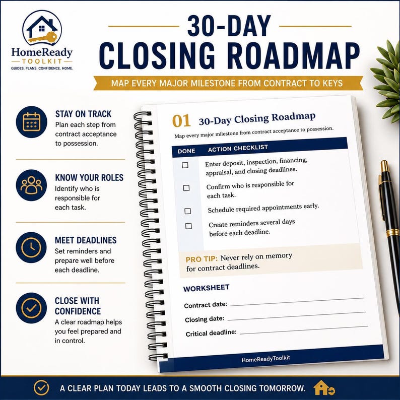 Puede incluir: Un planificador de espiral 30-Day Closing Roadmap con una lista de verificaci&oacute;n para hitos inmobiliarios. La p&aacute;gina incluye secciones para tareas, un consejo profesional y una hoja de trabajo para fechas de contrato y cierre.