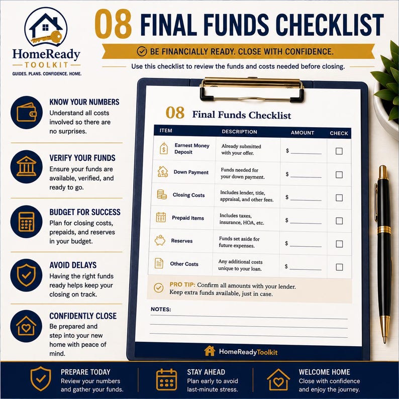 Puede incluir: Un documento HomeReady Toolkit 08 Final Funds Checklist en un portapapeles con un bol&iacute;grafo negro y dorado. La lista de verificaci&oacute;n incluye columnas para art&iacute;culo, descripci&oacute;n, cantidad y verificaci&oacute;n, detallando dep&oacute;sitos y costos.