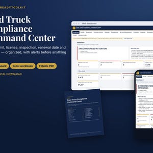 Könnte beinhalten: Ein digitales Food Truck Compliance Command Center Toolkit mit Web-Dashboard, mobiler Schnittstelle und Dokumentenansicht. Das dunkelblaue Layout zeigt Text, Diagramme und Aufgabenlisten zur Verwaltung von Genehmigungen und Lizenzen.