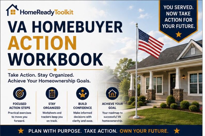 May include: A white informational flyer titled VA Homebuyer Action Workbook with blue and gold text. It features a house with an American flag, icons for action steps, organisation, confidence, and goals, and the text Plan with Purpose. Take Action.