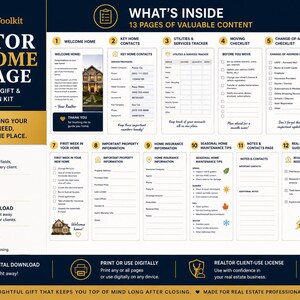 May include: A HomeReadyToolkit Realtor Welcome Package digital kit featuring 13 pages of fillable and printable content for home buyers. The layout includes checklists for moving, utilities, home maintenance, and property information in a blue and gold design.