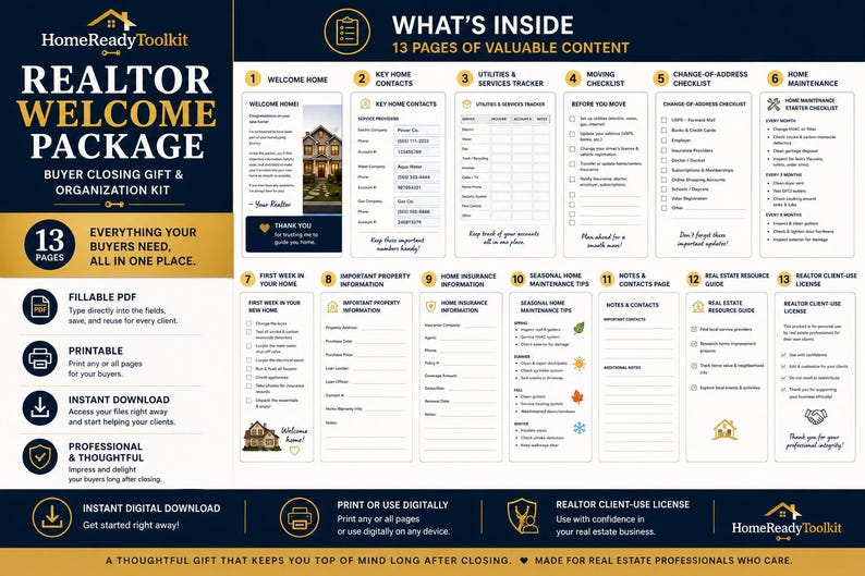 May include: A HomeReadyToolkit Realtor Welcome Package digital kit featuring 13 pages of fillable and printable content for home buyers. The layout includes checklists for moving, utilities, home maintenance, and property information in a blue and gold design.