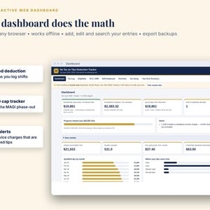 May include: An interactive web dashboard for tracking tax deductions on tips. The interface displays financial data, including estimated deductions, federal tax savings, and tip tracking metrics, with clear navigation tabs and progress bars for annual limits.