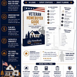K&ouml;nnte beinhalten: Ein digitaler HomeReady Toolkit-Leitfaden f&uuml;r Veteranen mit einem Buchcover namens Veteran Homebuyer Guide, einer &Uuml;bersicht &uuml;ber VA-Darlehen, einer Roadmap f&uuml;r den Hauskauf, einem Budget-Arbeitsblatt und einer Checkliste.