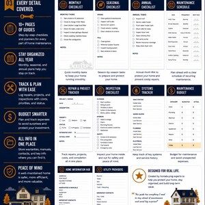 Puede incluir: Un documento HomeReady Toolkit que presenta una gu&iacute;a completa de mantenimiento del hogar con listas de verificaci&oacute;n, rastreadores y cronogramas. El dise&ntilde;o incluye secciones para tareas mensuales, estacionales y anuales, registros de reparaciones.