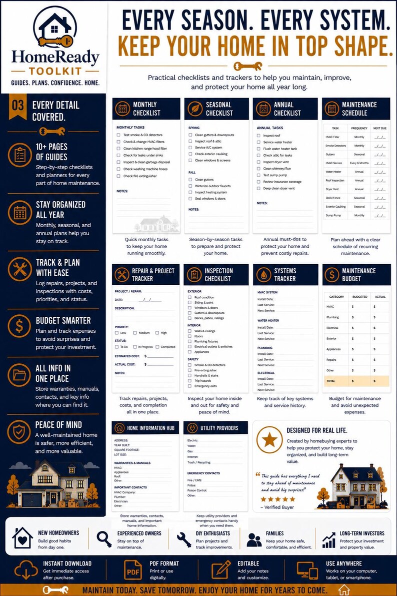 Puede incluir: Un documento HomeReady Toolkit que presenta una gu&iacute;a completa de mantenimiento del hogar con listas de verificaci&oacute;n, rastreadores y cronogramas. El dise&ntilde;o incluye secciones para tareas mensuales, estacionales y anuales, registros de reparaciones.