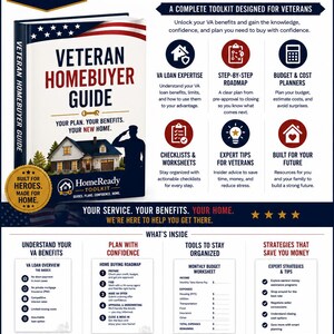 K&ouml;nnte beinhalten: Ein digitales Marketing-Flyer f&uuml;r den HomeReady Toolkit Veteran Homebuyer Guide. Die Grafik zeigt ein Buchcover mit einem Haus und der Silhouette eines Soldaten sowie Abschnitte, die VA-Darlehensexpertise, Roadmaps und Budgetplaner erl&auml;utern.