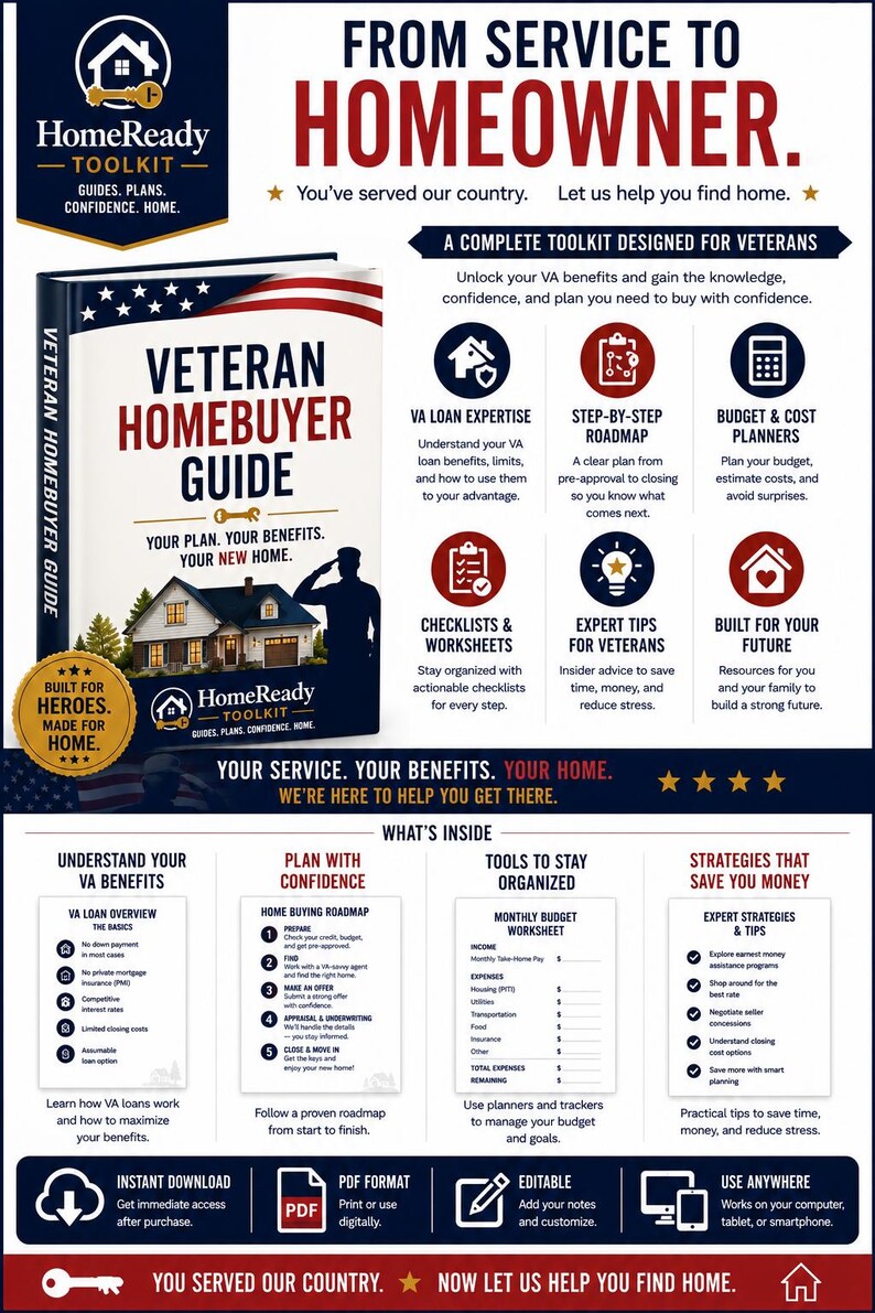 K&ouml;nnte beinhalten: Ein digitales Marketing-Flyer f&uuml;r den HomeReady Toolkit Veteran Homebuyer Guide. Die Grafik zeigt ein Buchcover mit einem Haus und der Silhouette eines Soldaten sowie Abschnitte, die VA-Darlehensexpertise, Roadmaps und Budgetplaner erl&auml;utern.
