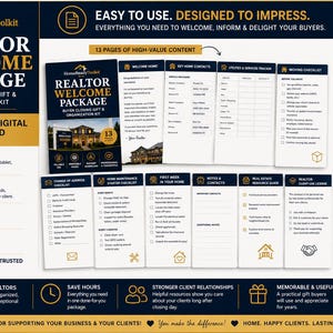 May include: A digital realtor welcome package kit featuring 13 pages of printable content including a welcome letter, home contacts, utilities tracker, moving checklist, change of address, maintenance checklist, and resource guide in a PDF format.