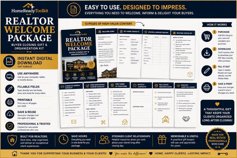 May include: A digital realtor welcome package kit featuring 13 pages of printable content including a welcome letter, home contacts, utilities tracker, moving checklist, change of address, maintenance checklist, and resource guide in a PDF format.
