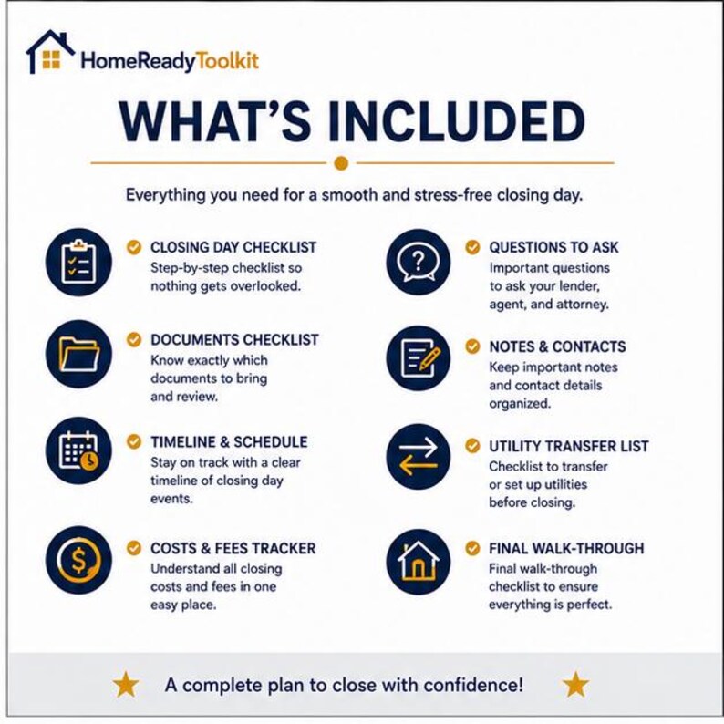 Puede incluir: Un gr&aacute;fico informativo blanco titulado HomeReadyToolkit WHAT'S INCLUDED que enumera ocho componentes para un cierre inmobiliario: Closing Day Checklist, Documents Checklist, Timeline & Schedule, Costs & Fees Tracker, Questions to Ask, Notes & Contacts, Utility Transfer List y Final Walk-through.