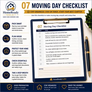 Puede incluir: Un portapapeles azul que sostiene un documento 07 Moving Day Checklist con tareas como confirmar el cami&oacute;n de mudanza, empacar art&iacute;culos esenciales y etiquetar cajas. Incluye una secci&oacute;n de notas y el logotipo de HomeReady Toolkit.