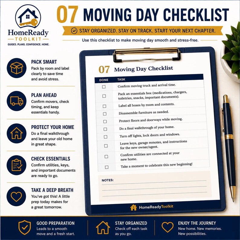 Puede incluir: Un portapapeles azul que sostiene un documento 07 Moving Day Checklist con tareas como confirmar el cami&oacute;n de mudanza, empacar art&iacute;culos esenciales y etiquetar cajas. Incluye una secci&oacute;n de notas y el logotipo de HomeReady Toolkit.